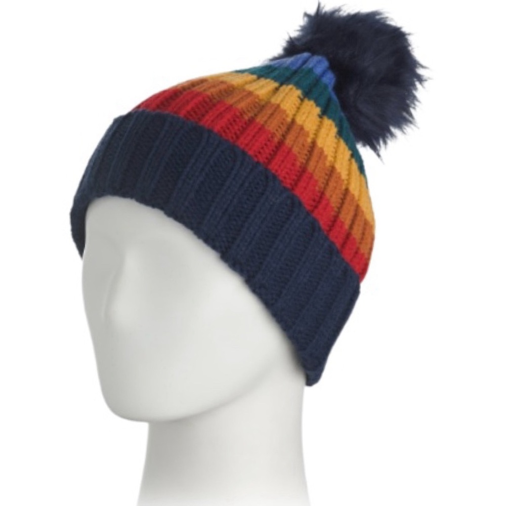 San Diego Hat Co. Knit Rainbow Stripe Beanie with Faux Fur Pom NWT (Size: OSFM)